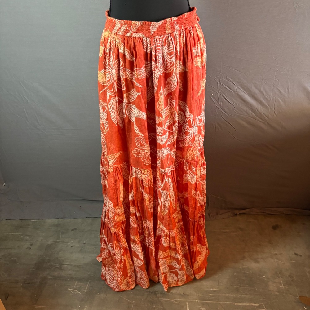 Free People Luna Convertible Orange Floral Tiered Maxi Skirt Waist Cotton Size L
